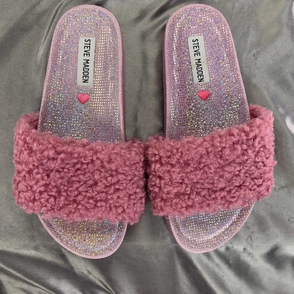 Steve Madden Girls‎ Size 4 Slides Pink Fuzzy Sandals Glitter Sparkles Hearts